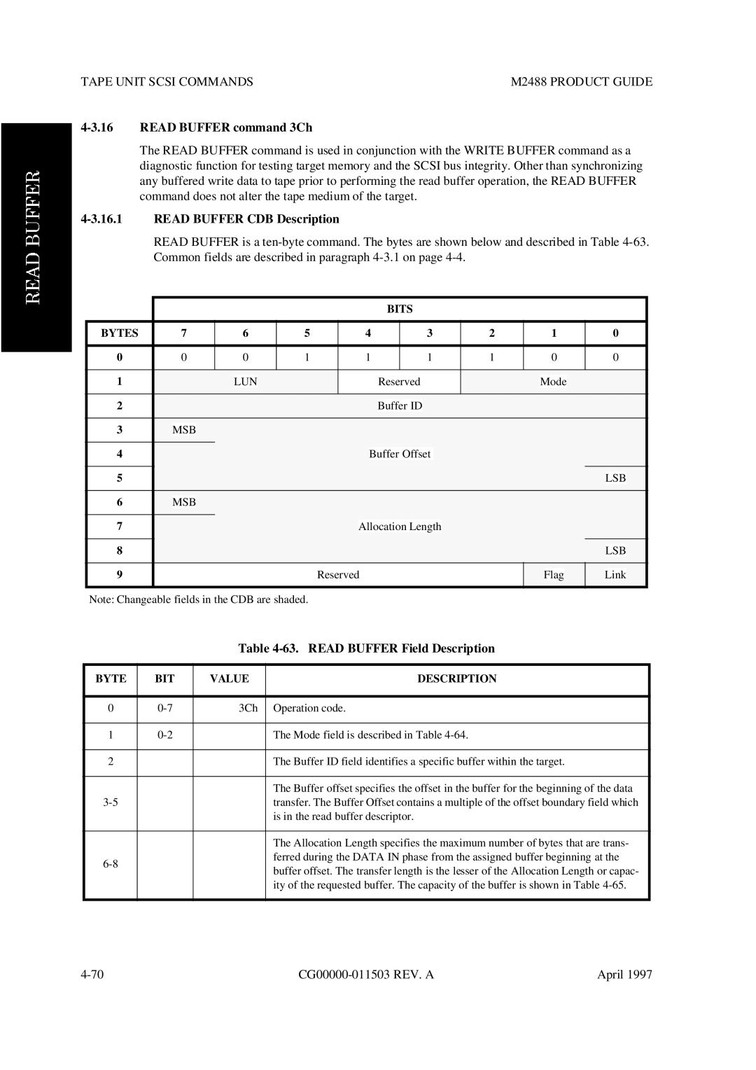 Fujitsu M2488 manual Read Buffer command 3Ch, Read Buffer CDB Description, Read Buffer Field Description 