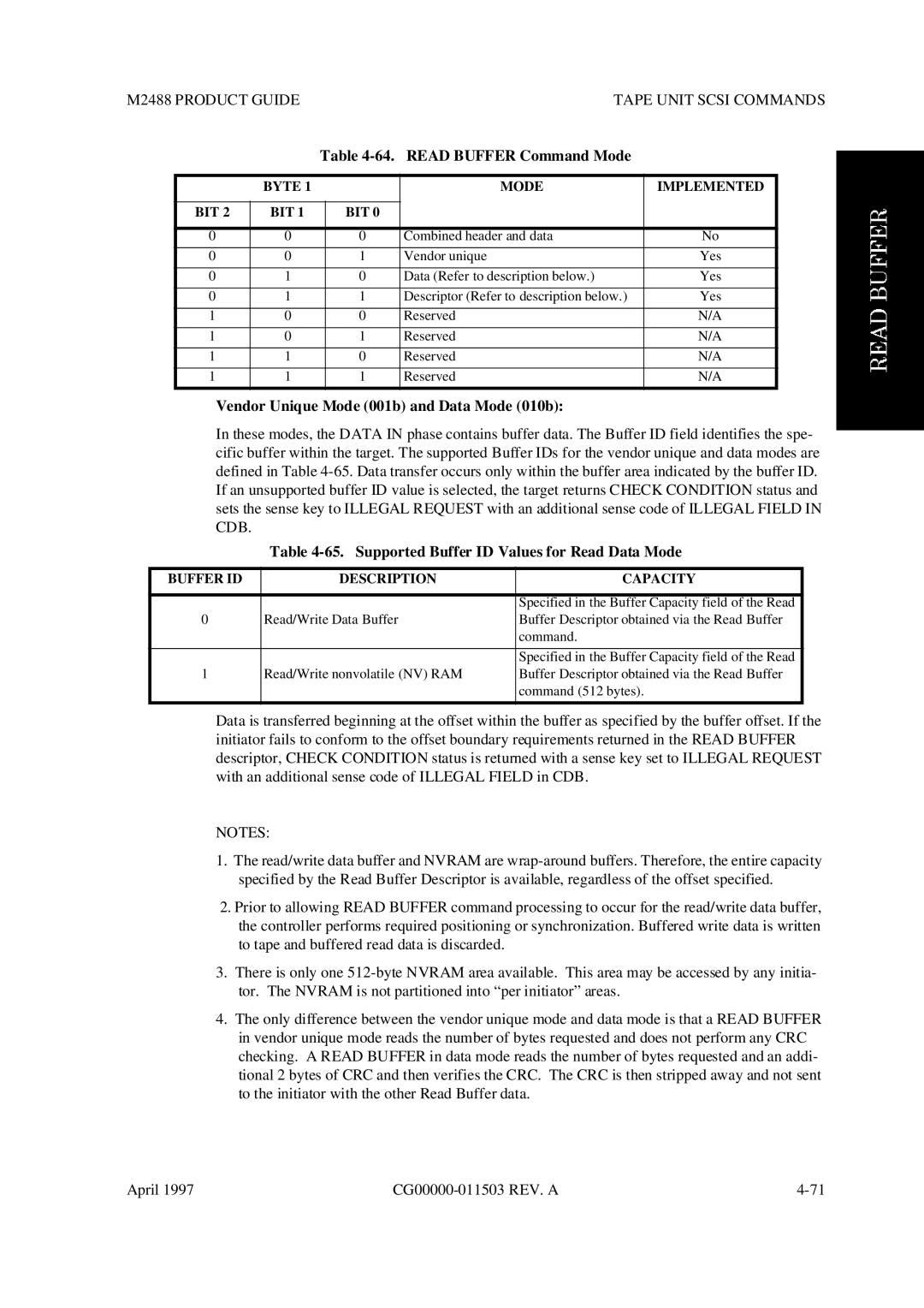 Fujitsu M2488 manual Read Buffer Command Mode, Vendor Unique Mode 001b and Data Mode 010b, Byte Mode Implemented BIT 