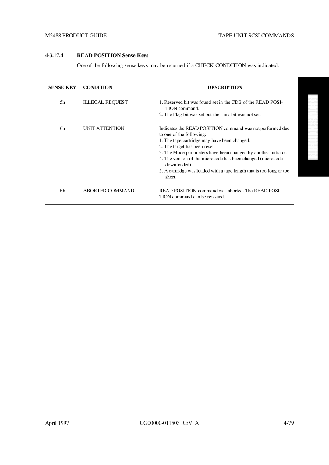 Fujitsu M2488 manual Read Position Sense Keys, Sense KEY Condition Description 