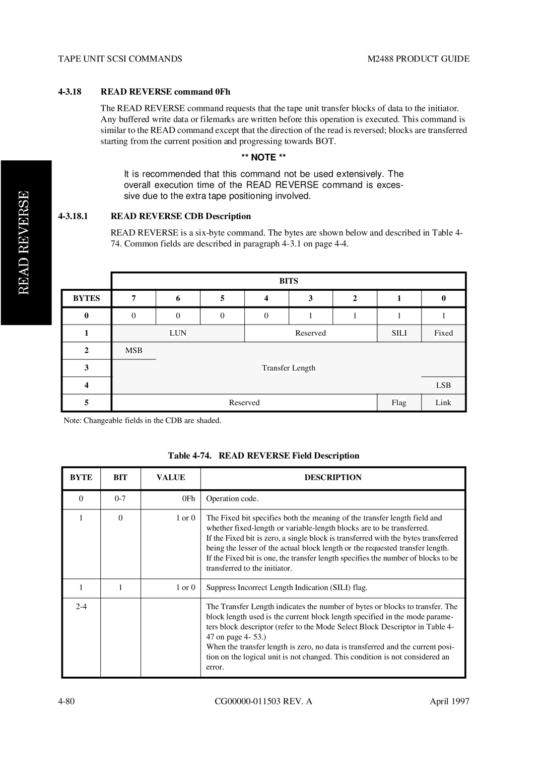 Fujitsu M2488 manual Read Reverse command 0Fh, 18.1READ Reverse CDB Description, Read Reverse Field Description 