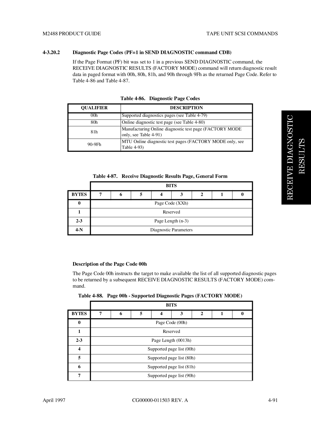 Fujitsu M2488 manual Diagnostic Page Codes, Receive Diagnostic Results Page, General Form 