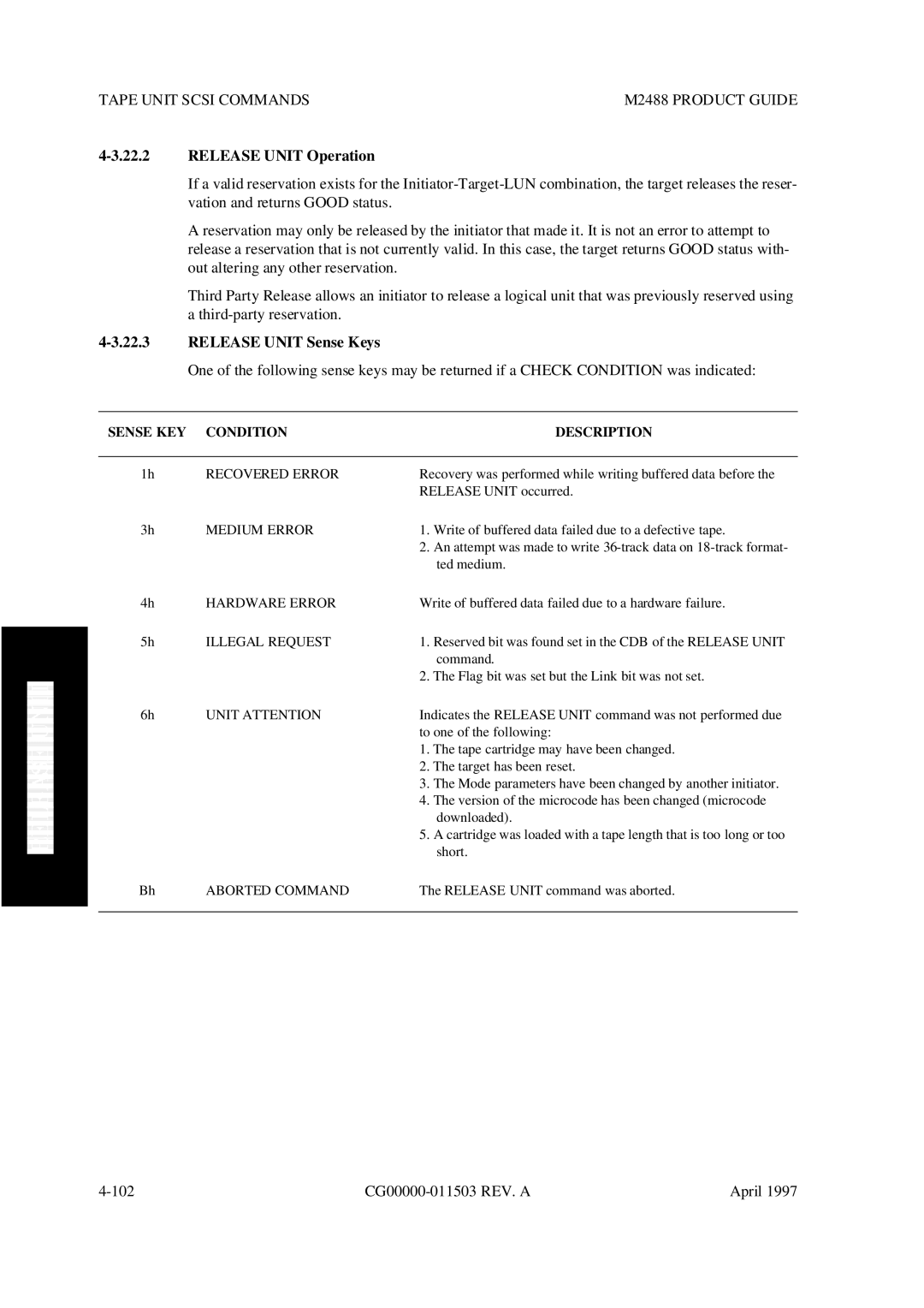 Fujitsu M2488 manual Release Unit Operation, Release Unit Sense Keys 