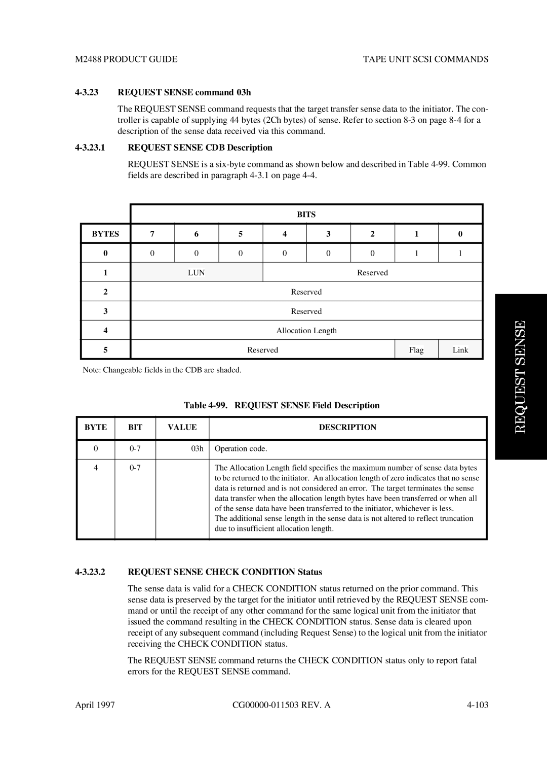 Fujitsu M2488 manual Request Sense command 03h, Request Sense CDB Description, Request Sense Field Description 