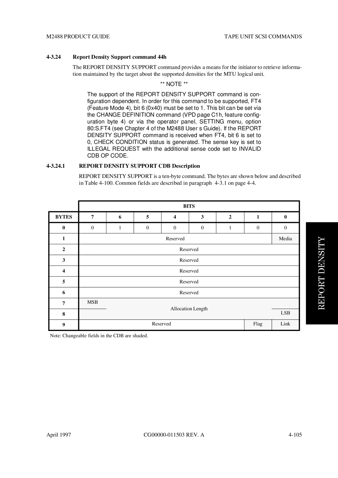 Fujitsu M2488 manual Report Density Support command 44h, Report Density Support CDB Description 