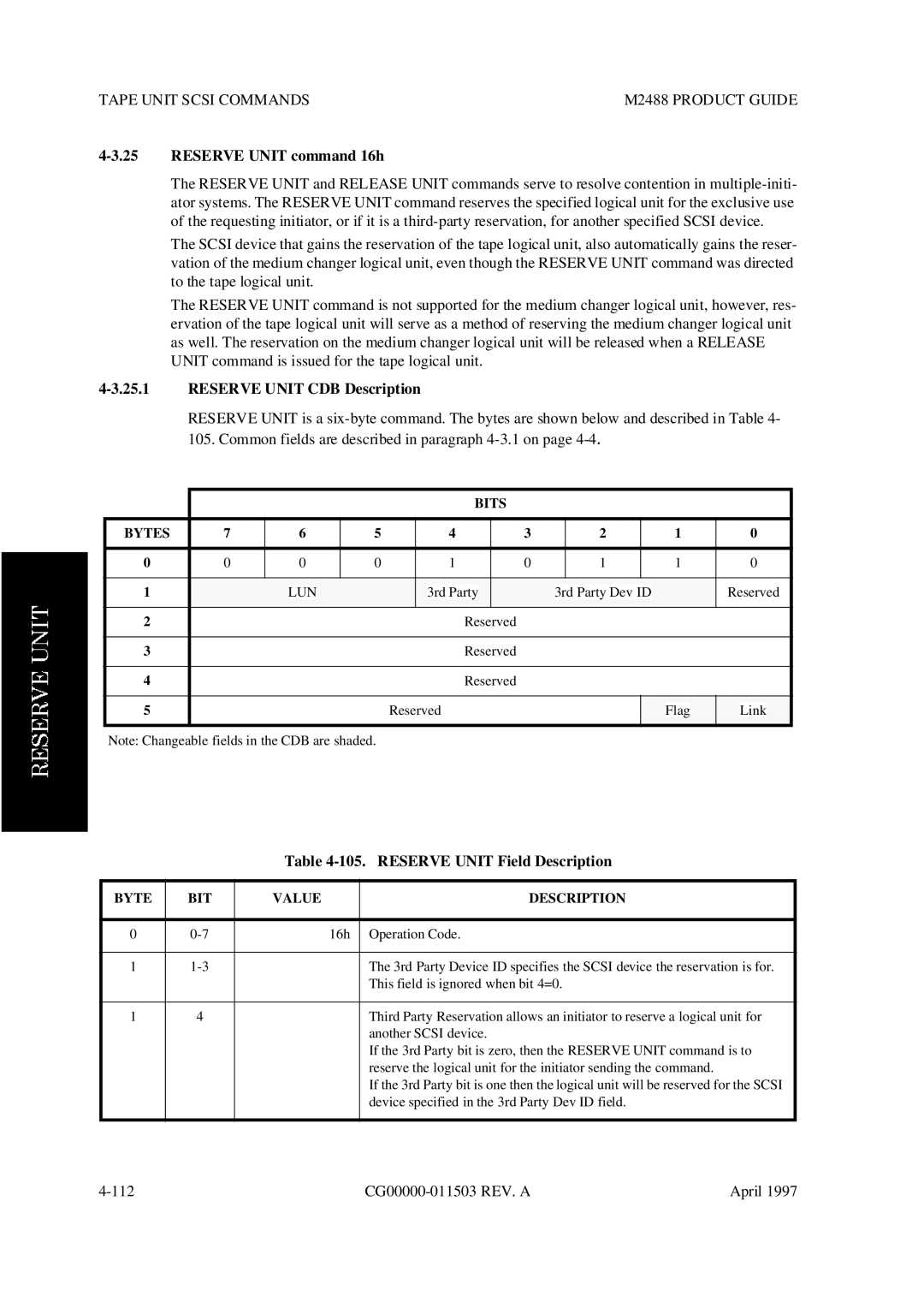 Fujitsu M2488 manual Reserve Unit command 16h, Reserve Unit CDB Description, Reserve Unit Field Description 