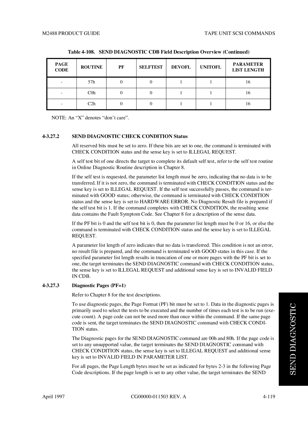 Fujitsu M2488 manual Send Diagnostic CDB Field Description Overview, Send Diagnostic Check Condition Status 