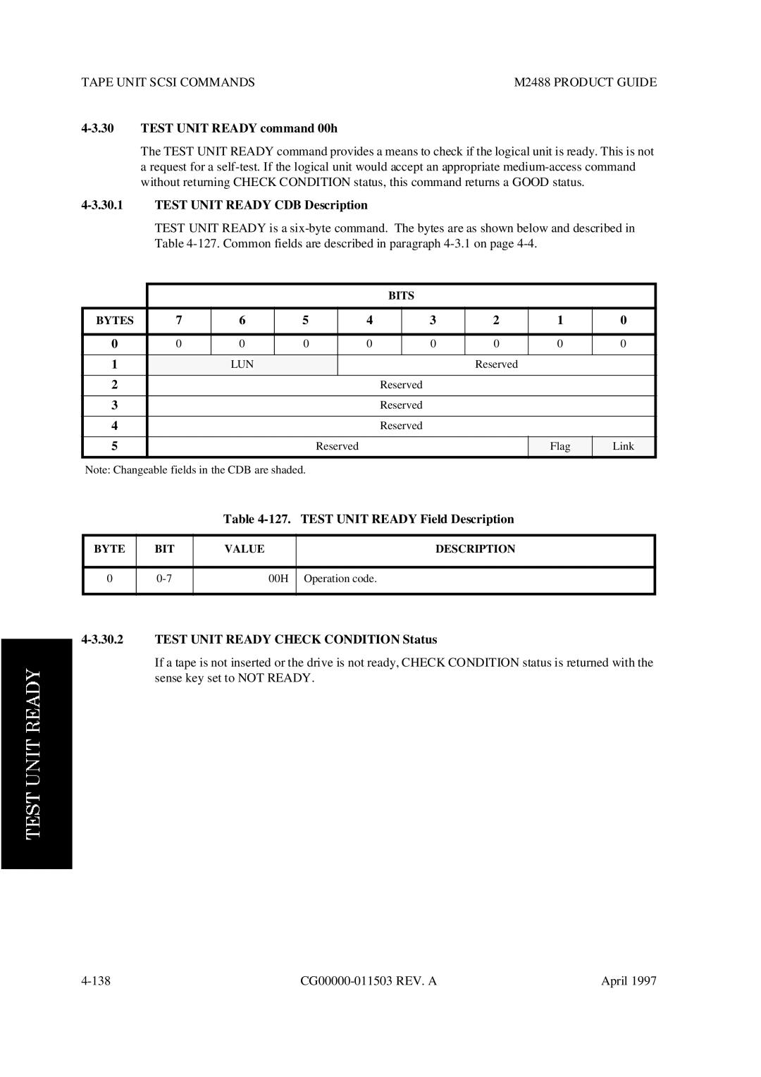 Fujitsu M2488 manual Test Unit Ready command 00h, Test Unit Ready CDB Description, Test Unit Ready Field Description 