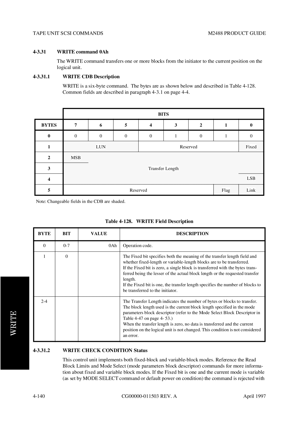 Fujitsu M2488 manual Write command 0Ah, Write CDB Description, Write Field Description, Write Check Condition Status 