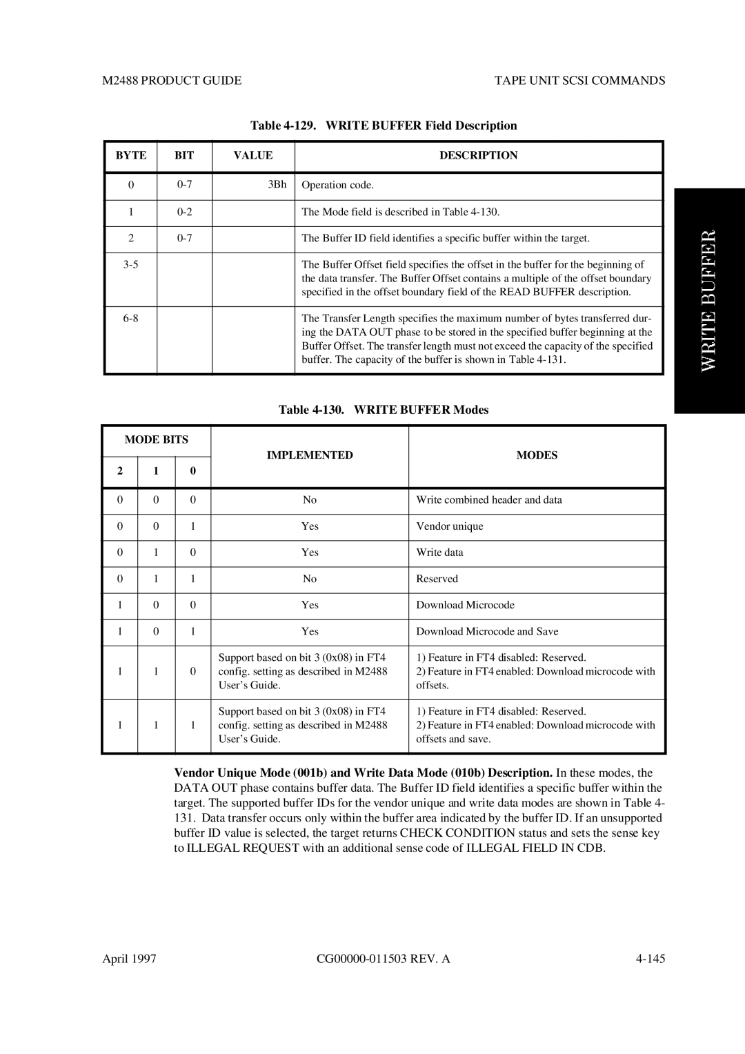 Fujitsu M2488 manual Write Buffer Field Description, Write Buffer Modes, Mode Bits Implemented Modes 