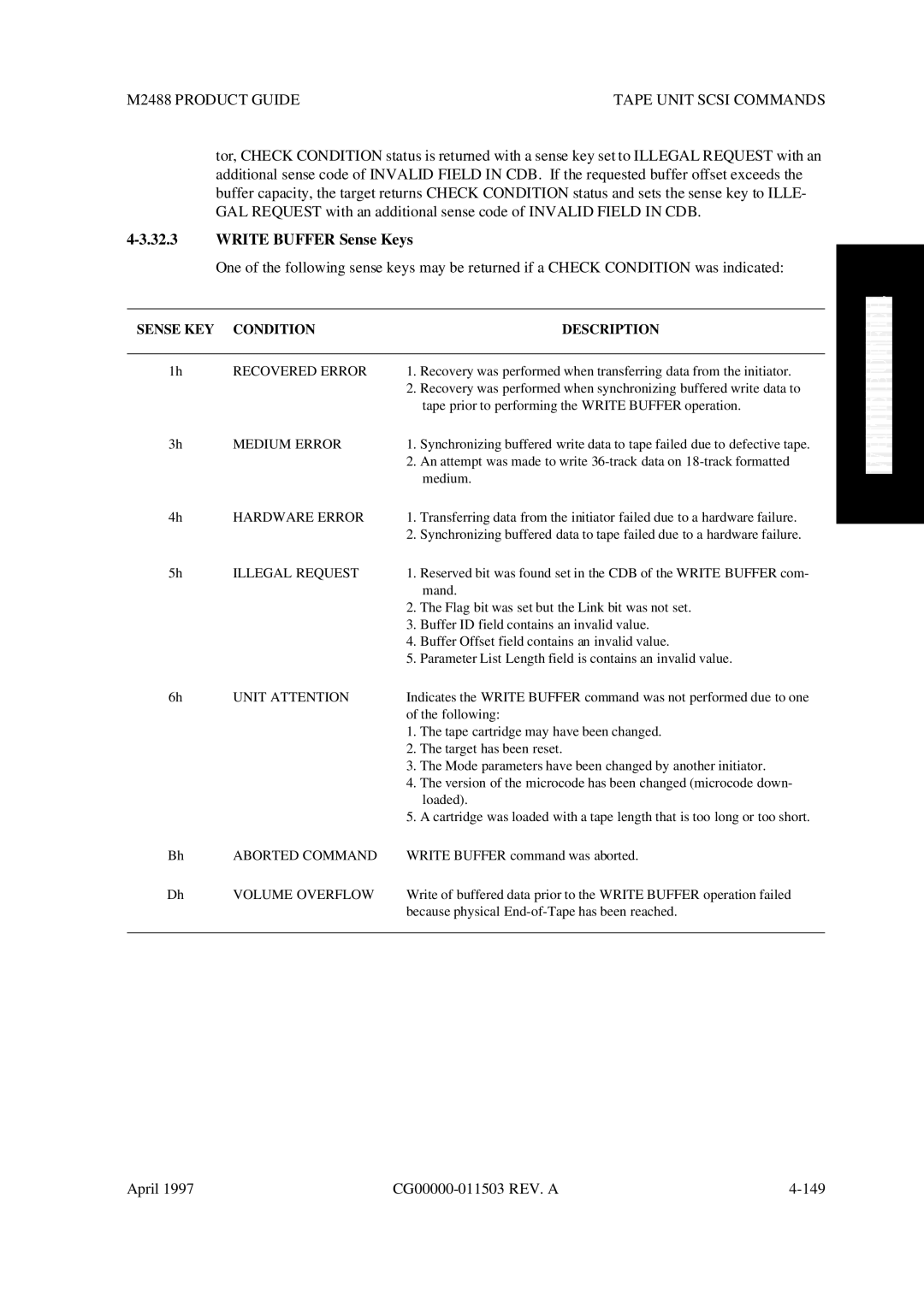 Fujitsu M2488 manual Write Buffer Sense Keys, Sense KEY Condition Description 