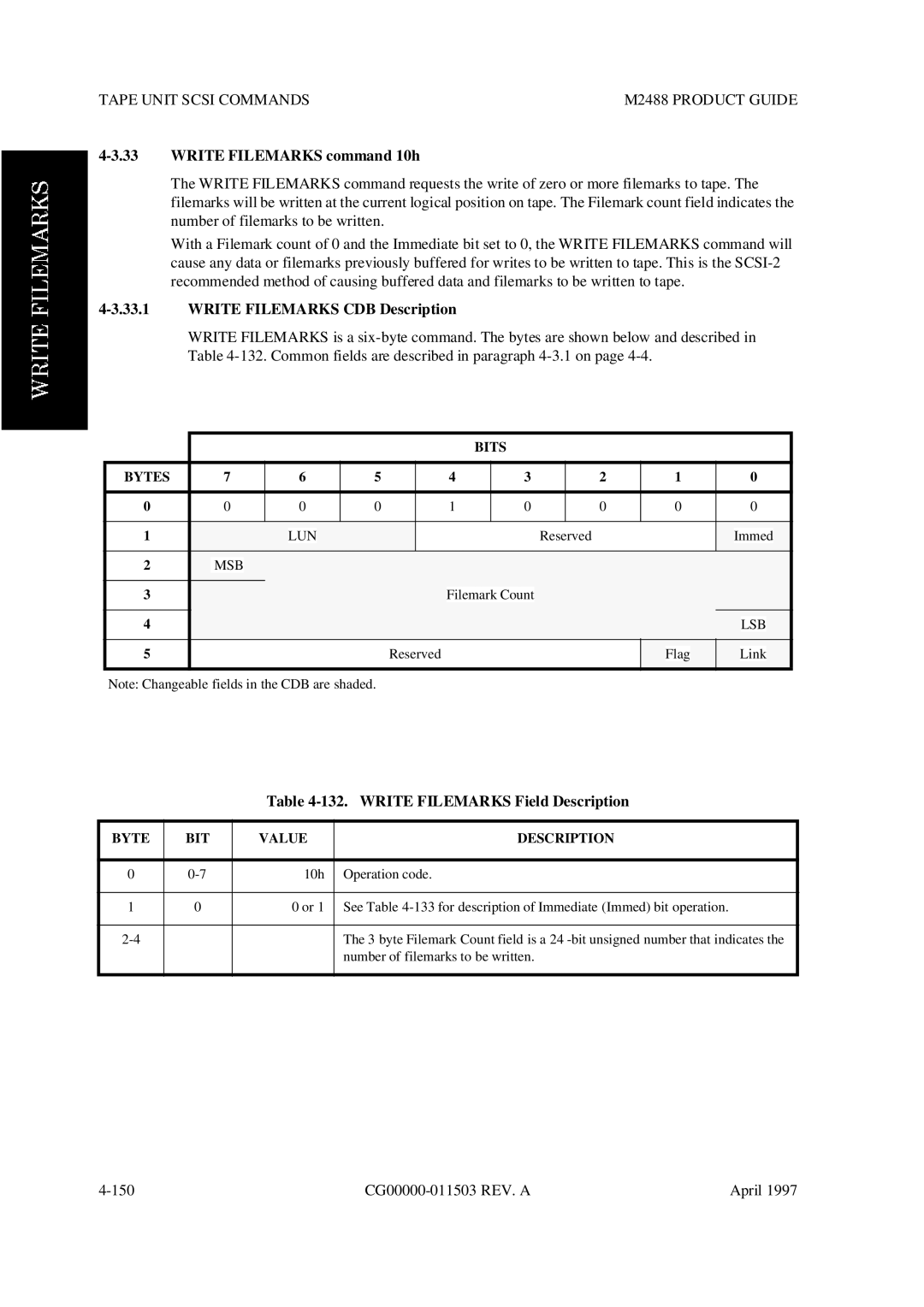 Fujitsu M2488 manual Write Filemarks command 10h, Write Filemarks CDB Description, Write Filemarks Field Description 