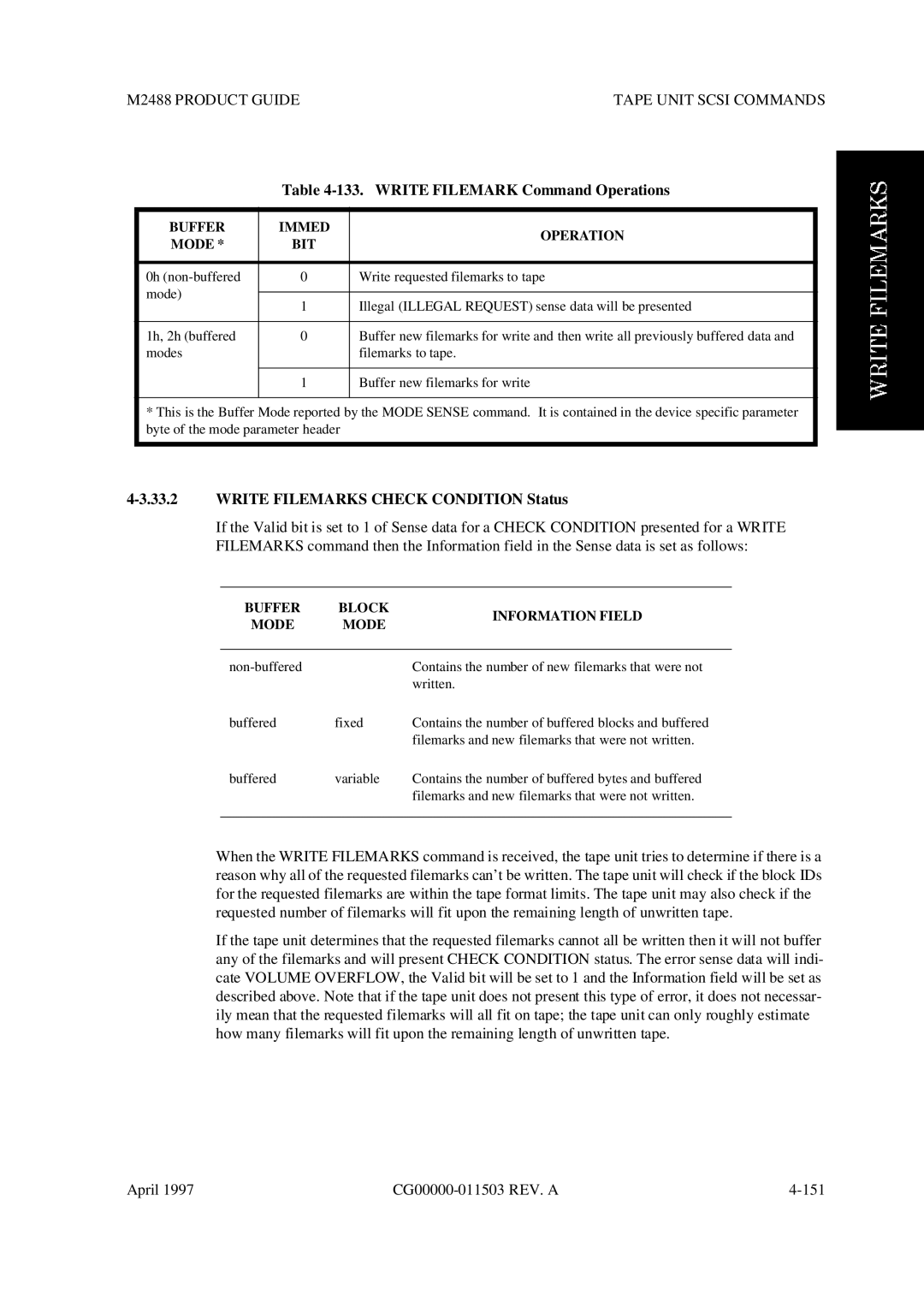 Fujitsu M2488 Write Filemark Command Operations, Write Filemarks Check Condition Status, Buffer Immed Operation Mode BIT 