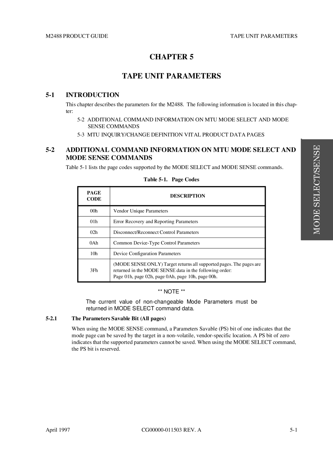 Fujitsu Chapter Tape Unit Parameters, M2488 Product Guide Tape Unit Parameters, Codes, Parameters Savable Bit All pages 