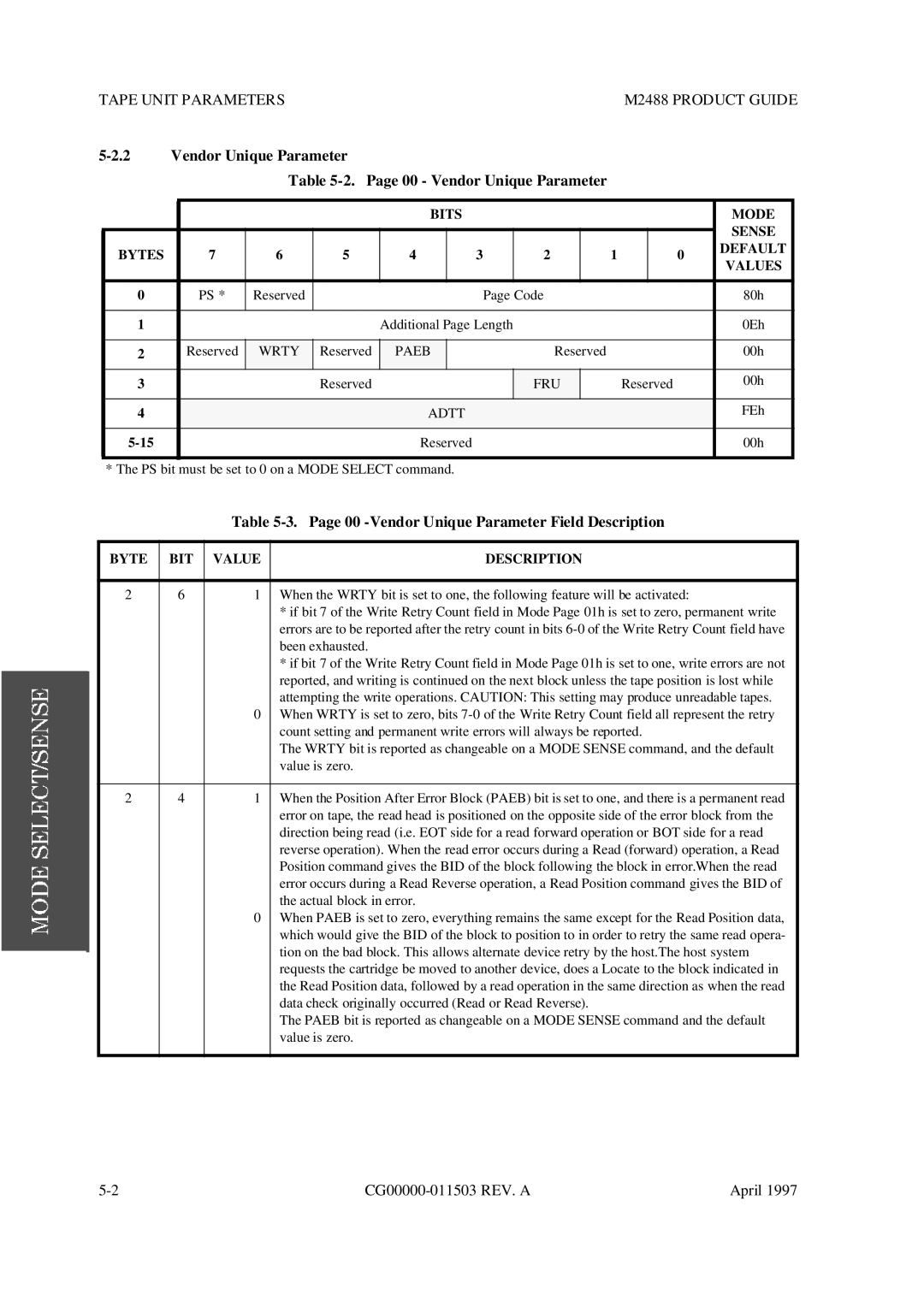 Fujitsu M2488 manual Vendor Unique Parameter 00 Vendor Unique Parameter, Vendor Unique Parameter Field Description 