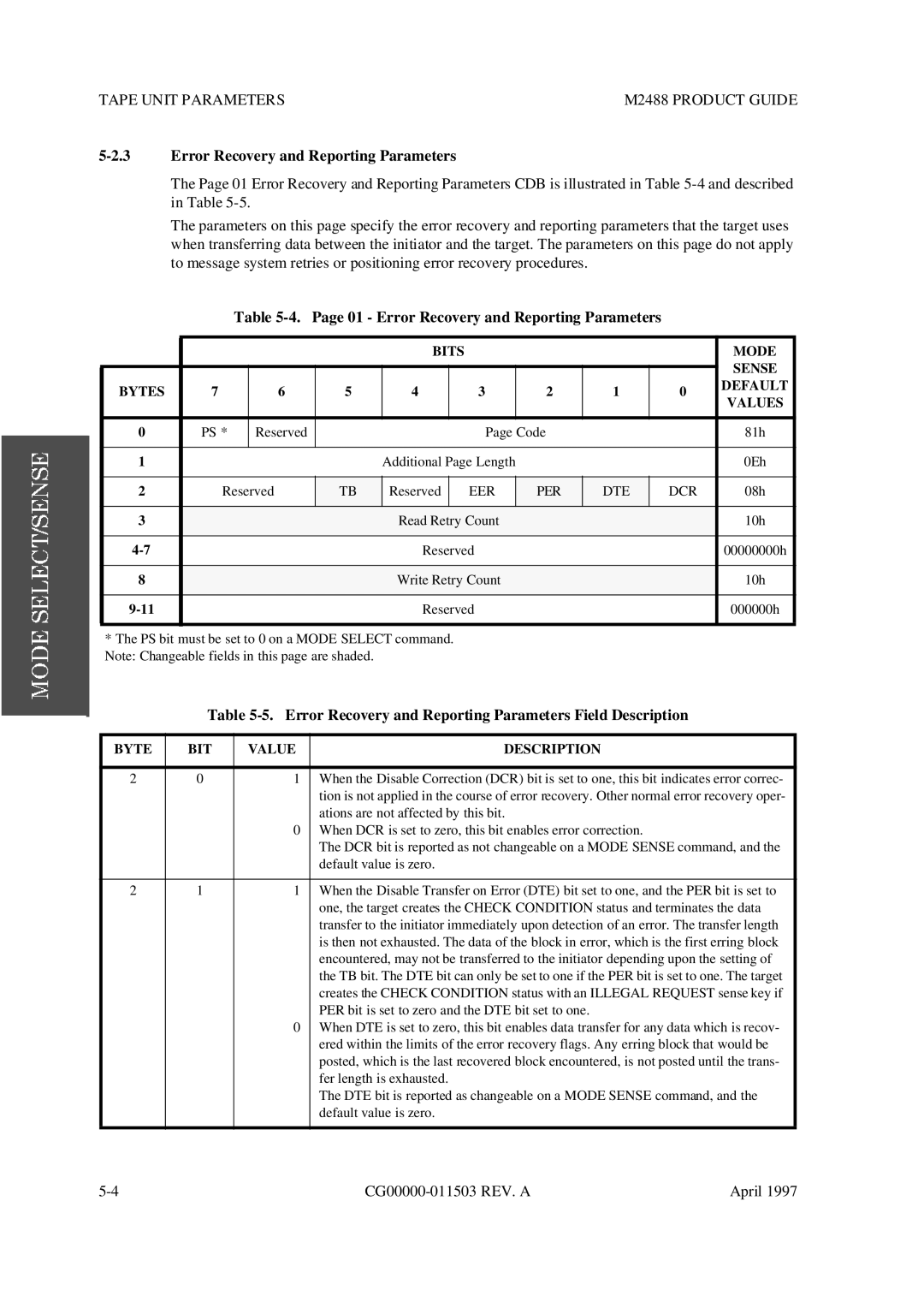 Fujitsu manual Tape Unit Parameters M2488 Product Guide, Error Recovery and Reporting Parameters 