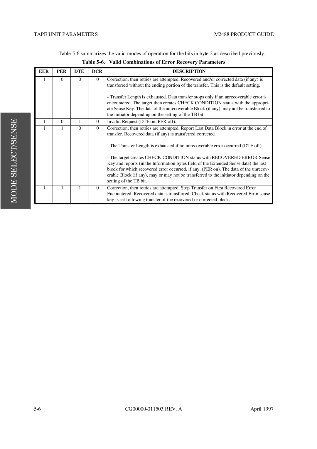 Fujitsu M2488 manual Valid Combinations of Error Recovery Parameters, EER PER DTE DCR Description 