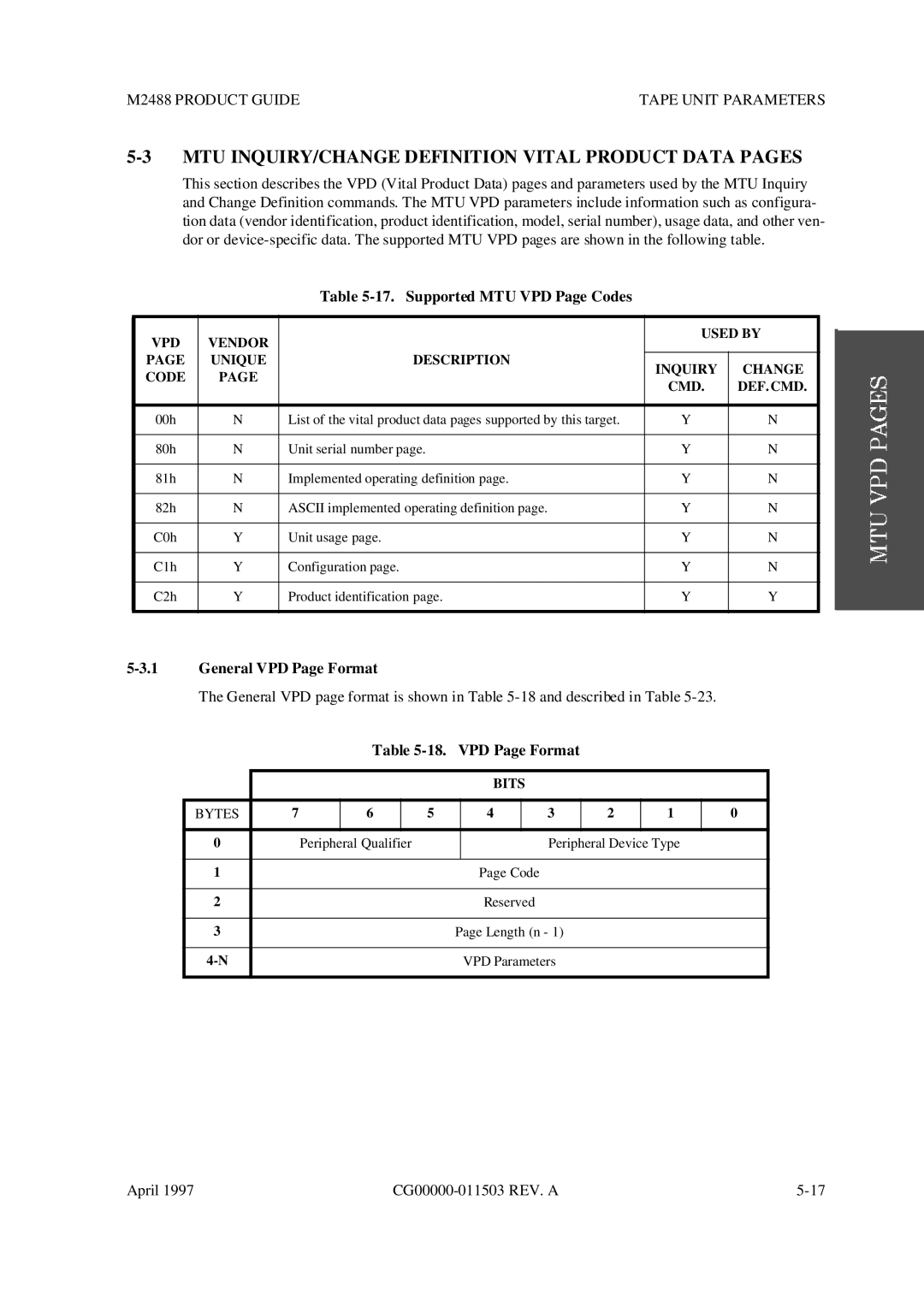 Fujitsu M2488 manual MTU INQUIRY/CHANGE Definition Vital Product Data Pages, Supported MTU VPD Page Codes, VPD Page Format 