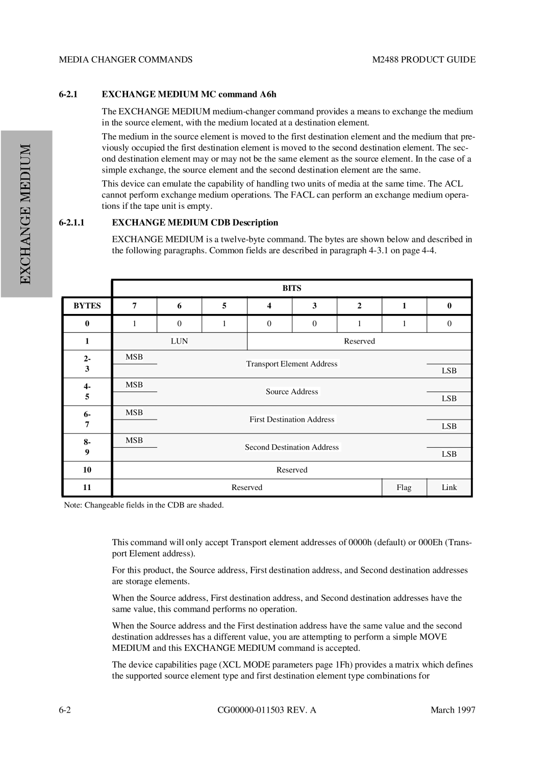 Fujitsu Media Changer Commands M2488 Product Guide, Exchange Medium MC command A6h, Exchange Medium CDB Description 