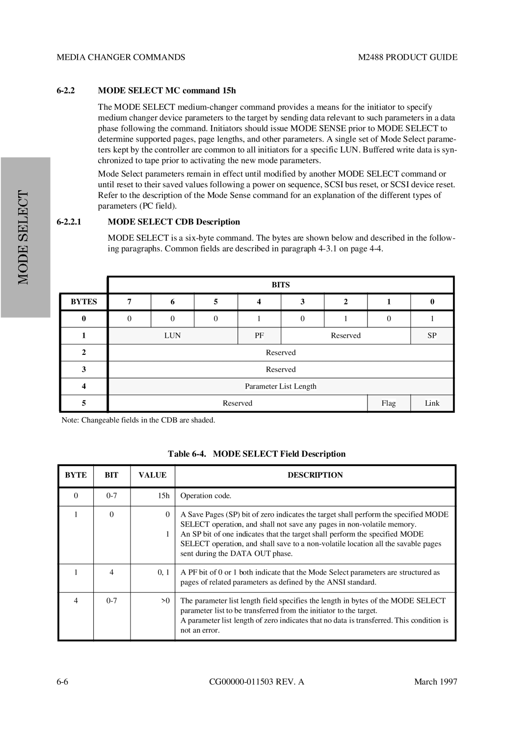 Fujitsu M2488 manual Mode Select MC command 15h, Mode Select Field Description 