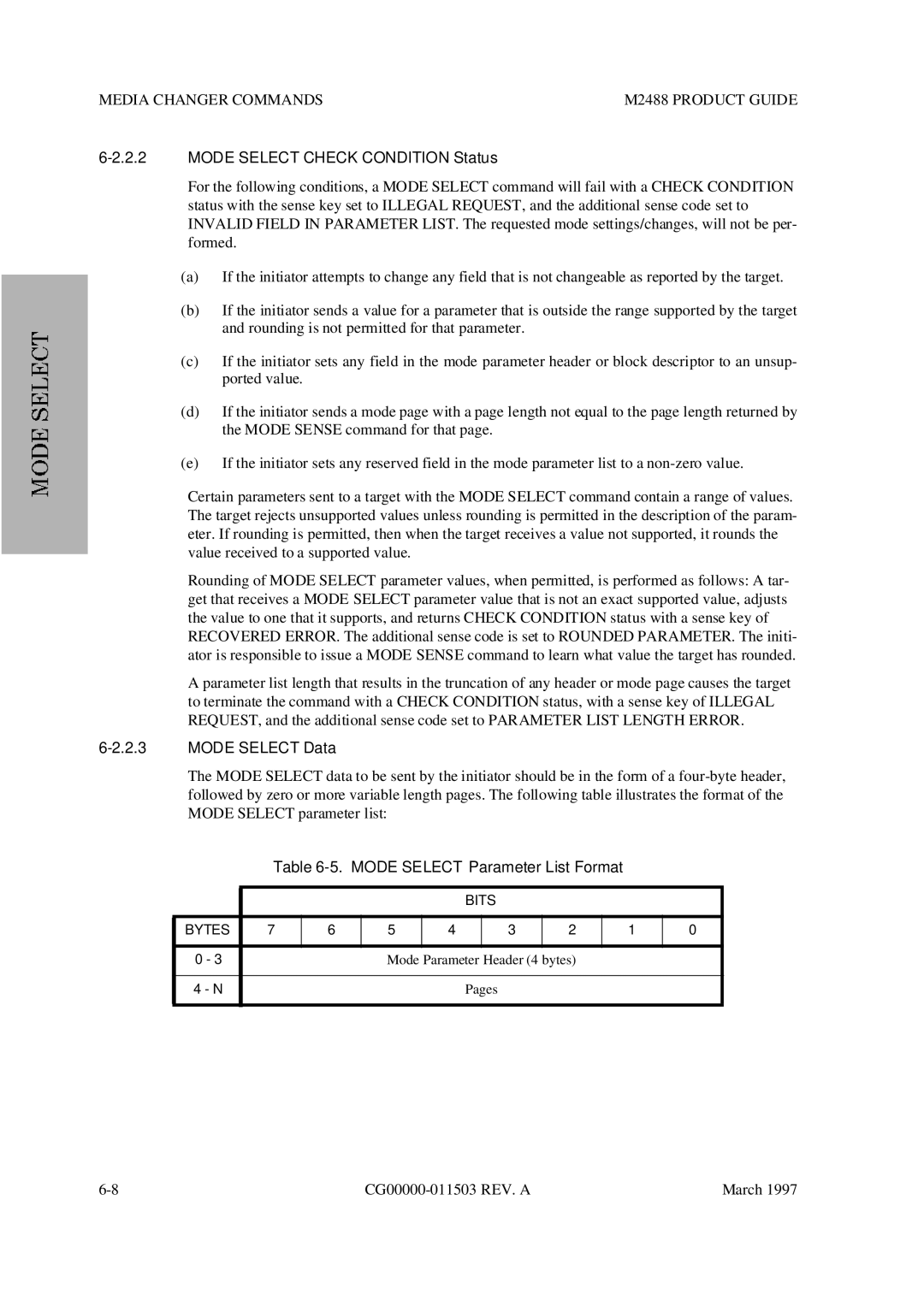 Fujitsu M2488 manual Mode Select Check Condition Status, Mode Select Parameter List Format 