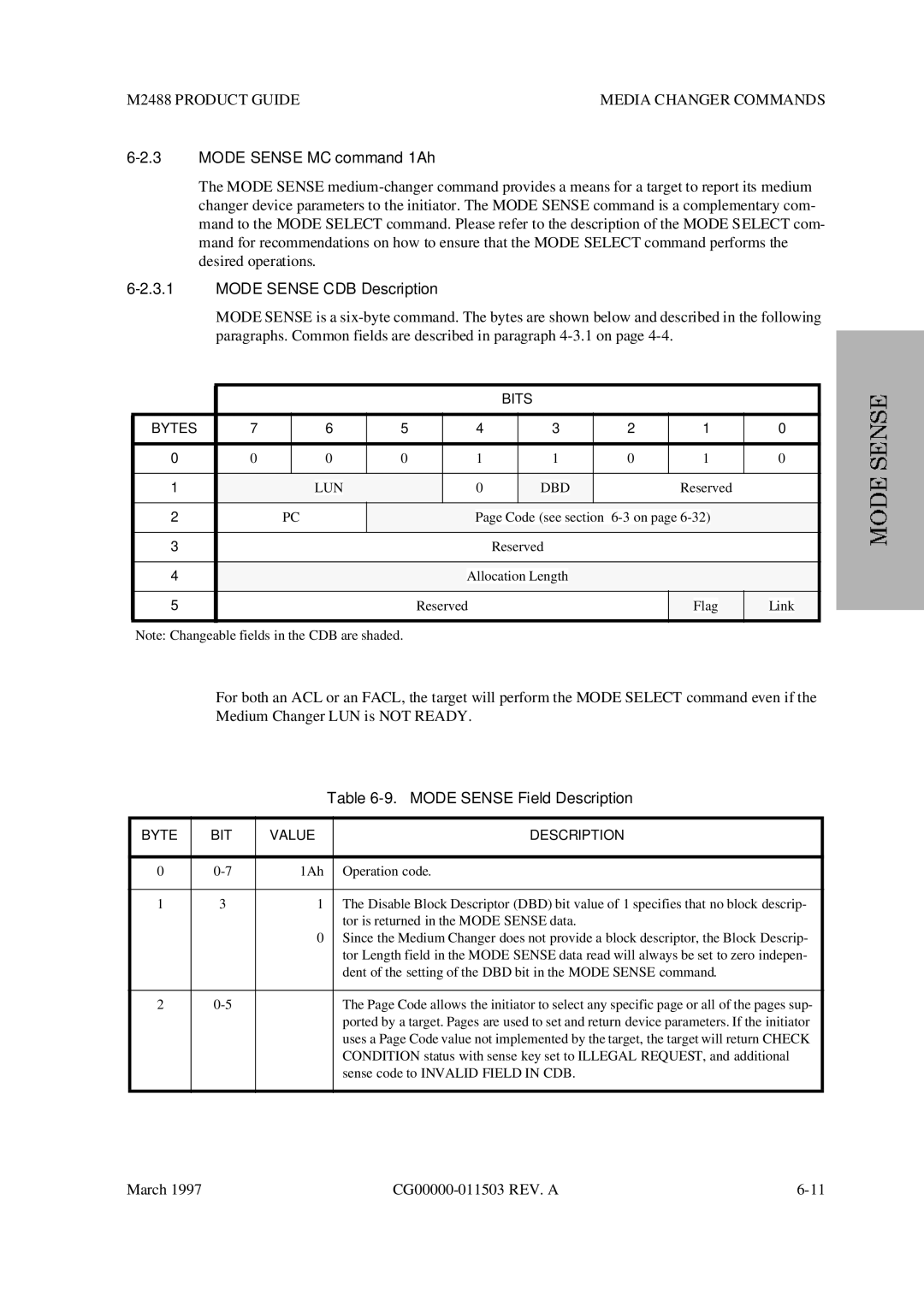 Fujitsu M2488 manual Mode Sense MC command 1Ah, Mode Sense Field Description 