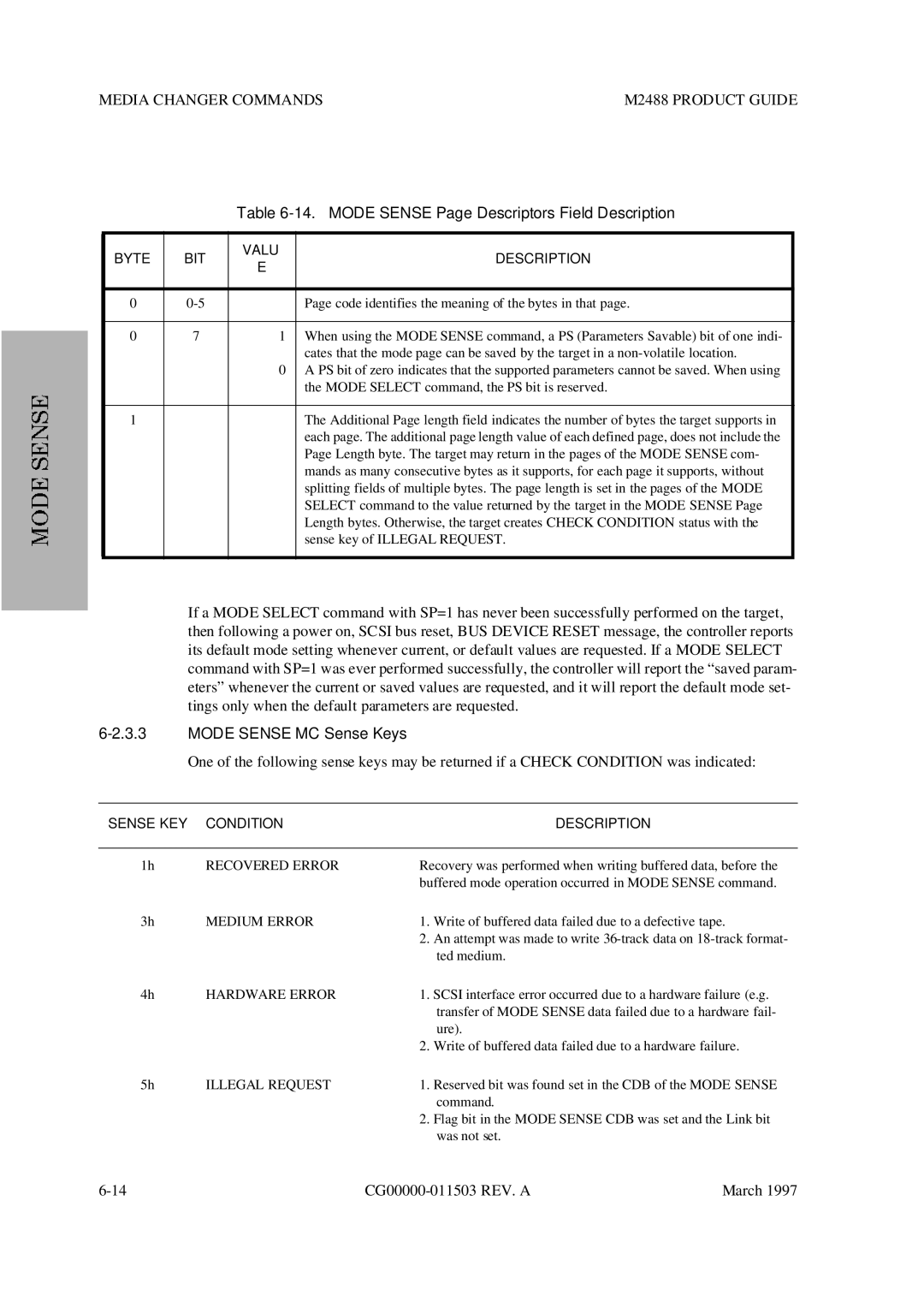 Fujitsu M2488 manual Mode Sense Page Descriptors Field Description, Mode Sense MC Sense Keys 