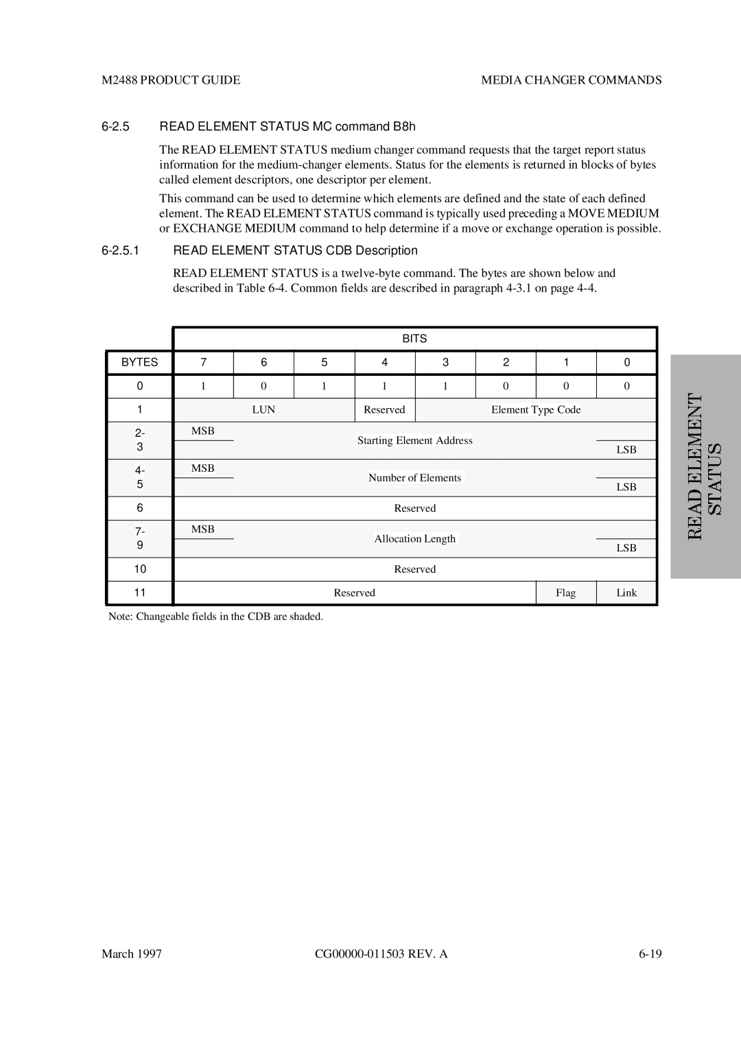 Fujitsu M2488 manual Read Element Status MC command B8h, Read Element Status CDB Description 