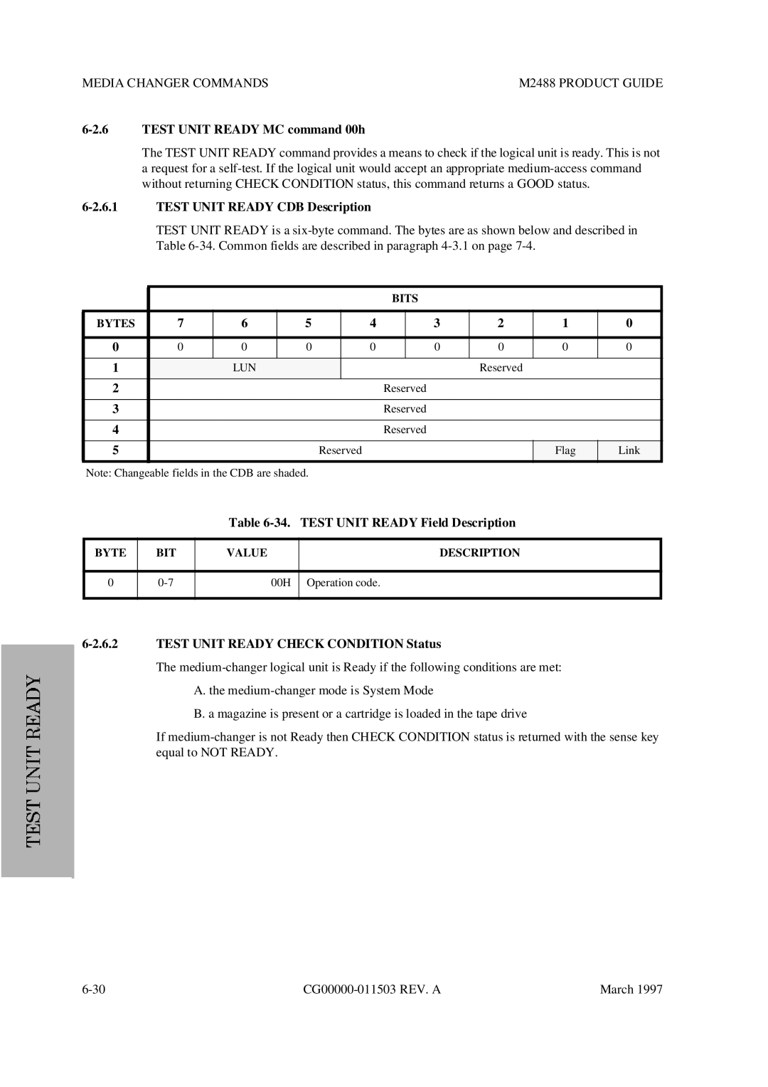 Fujitsu M2488 manual Test Unit Ready MC command 00h, Test Unit Ready Field Description 