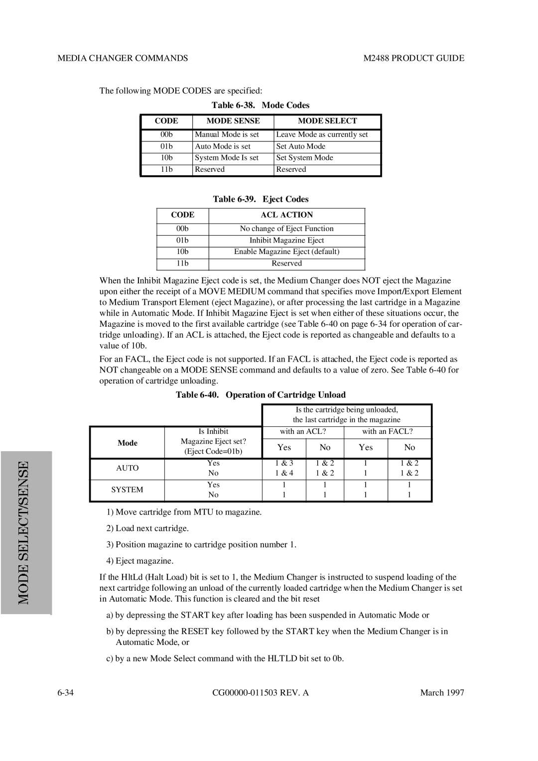 Fujitsu M2488 manual Mode Codes, Eject Codes, Operation of Cartridge Unload, Code Mode Sense Mode Select, Code ACL Action 