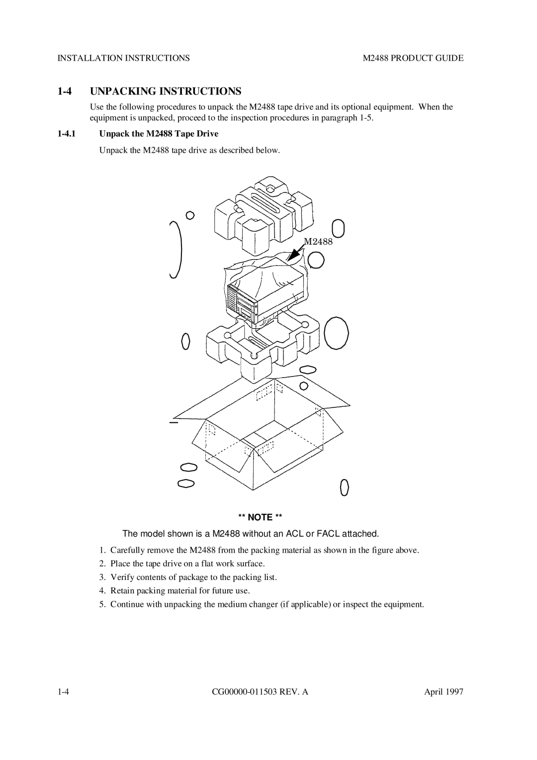 Fujitsu manual Unpacking Instructions, Unpack the M2488 Tape Drive 