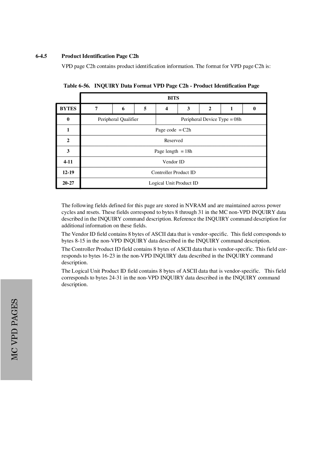 Fujitsu M2488 manual Product Identification Page C2h, Inquiry Data Format VPD Page C2h Product Identification 