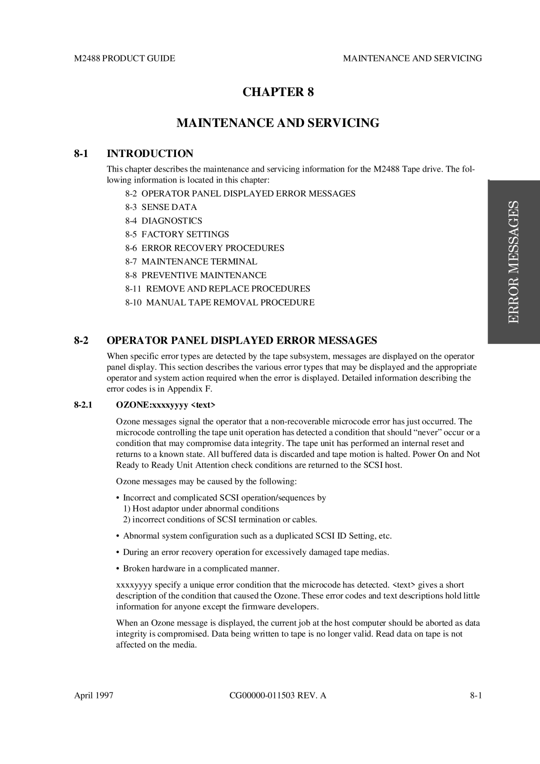 Fujitsu M2488 manual Chapter Maintenance and Servicing, Operator Panel Displayed Error Messages, OZONExxxxyyyy text 