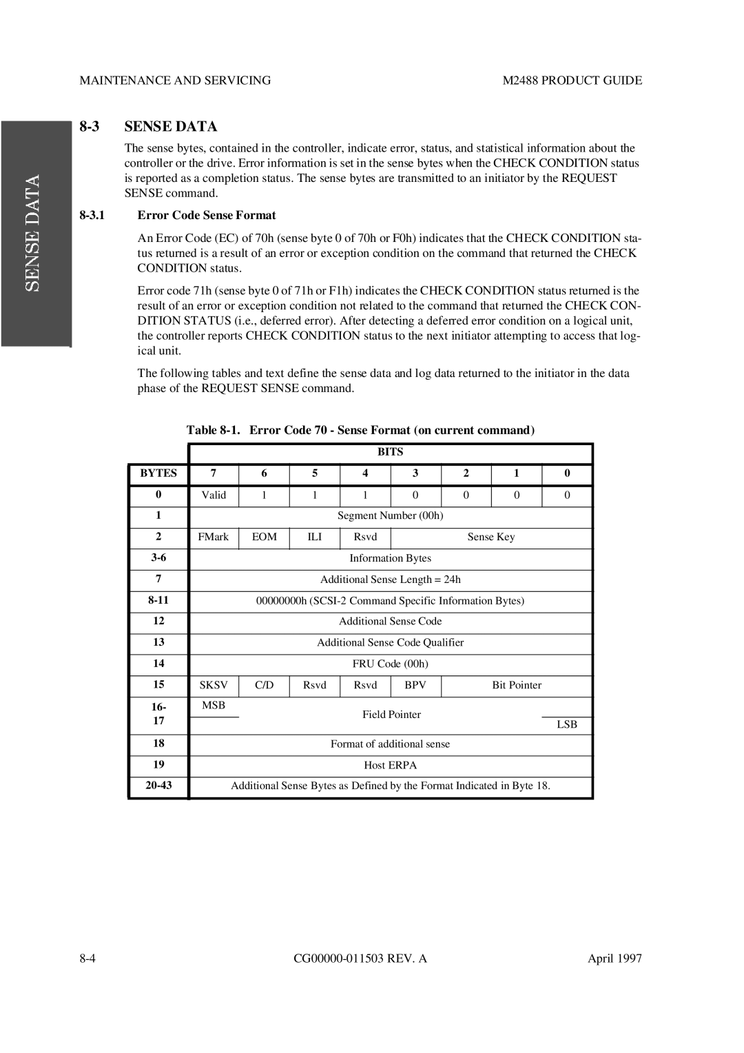 Fujitsu M2488 manual Sense Data, Error Code Sense Format, Error Code 70 Sense Format on current command 