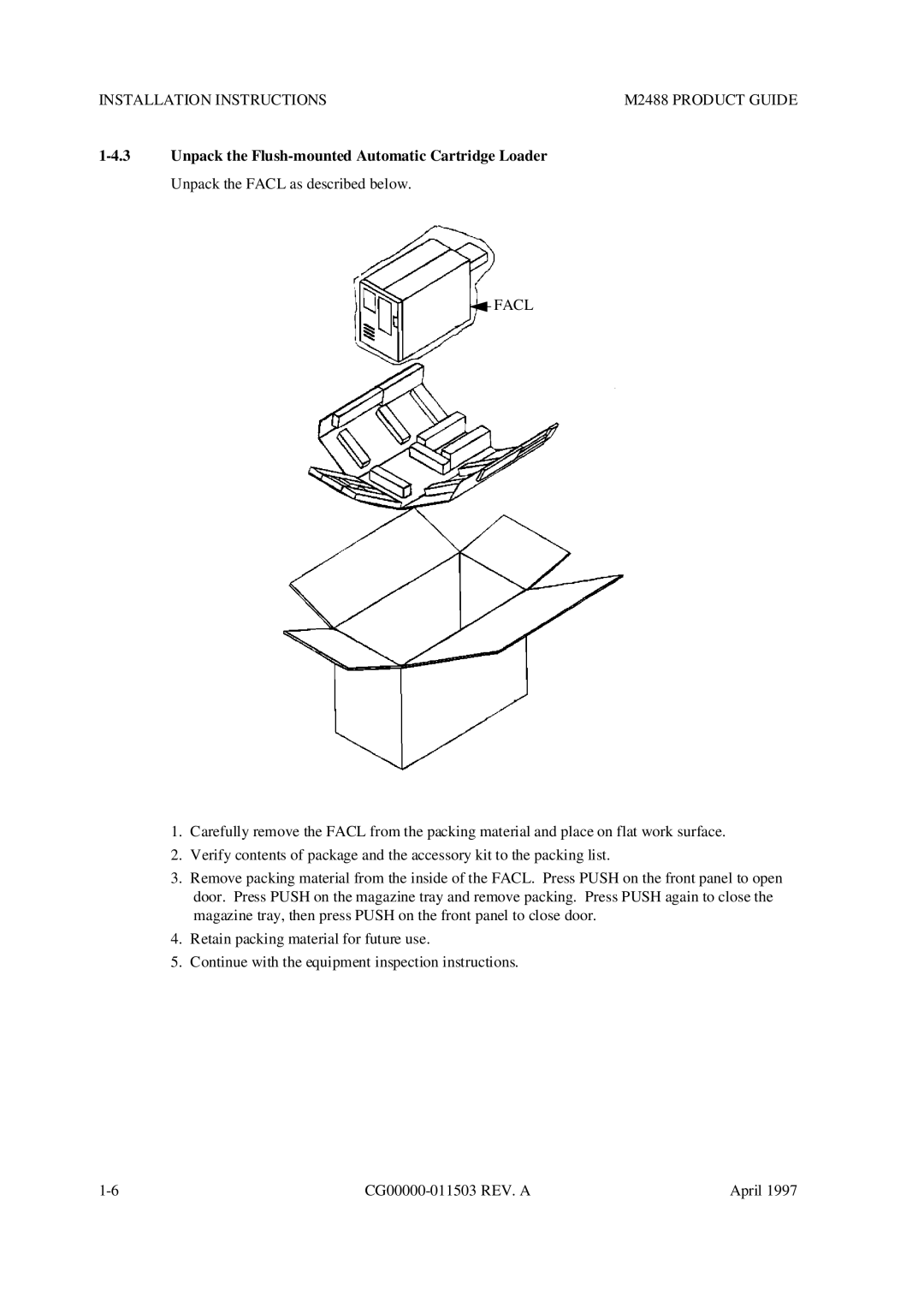 Fujitsu M2488 manual Unpack the Flush-mounted Automatic Cartridge Loader, Facl 