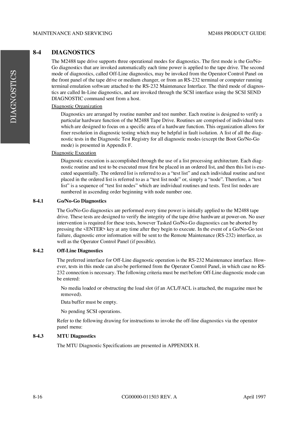 Fujitsu M2488 manual 1 Go/No-Go Diagnostics, Off-Line Diagnostics, MTU Diagnostics 