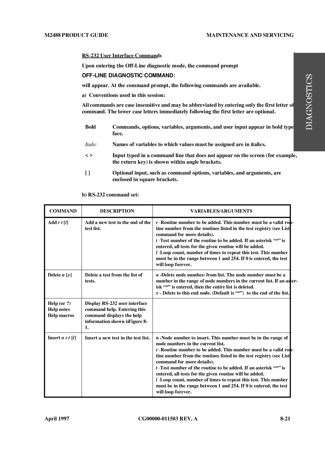 Fujitsu M2488 manual Bold, Command Description VARIABLES/ARGUMENTS 