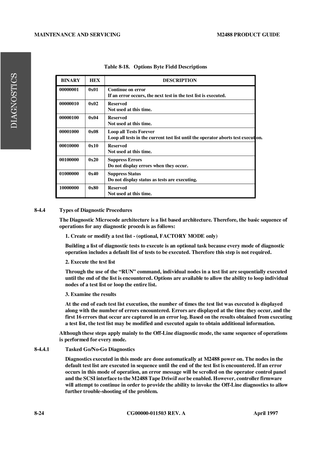 Fujitsu M2488 manual Options Byte Field Descriptions, Types of Diagnostic Procedures, Tasked Go/No-Go Diagnostics 