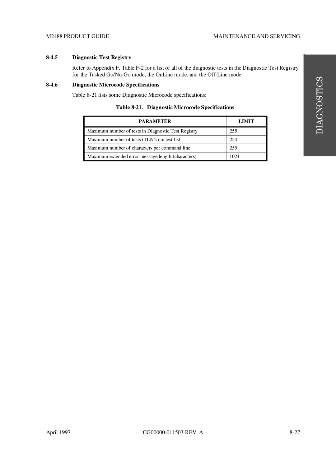 Fujitsu M2488 manual Diagnostic Test Registry, Diagnostic Microcode Specifications, Parameter Limit 