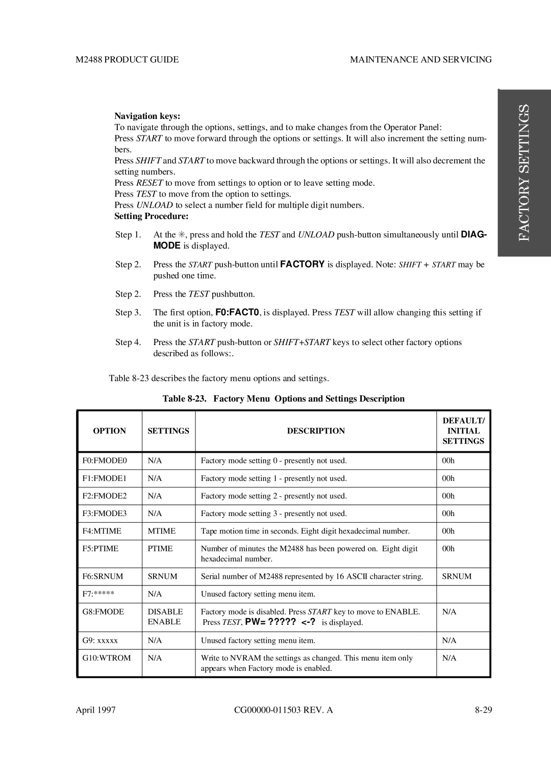 Fujitsu M2488 manual Factory Menu Options and Settings Description, Option Settings Description Initial 