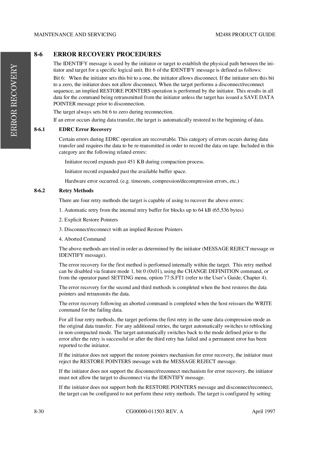 Fujitsu M2488 manual Error Recovery Procedures, Edrc Error Recovery, Retry Methods 