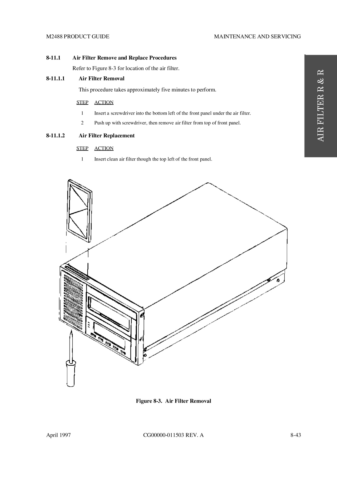 Fujitsu M2488 manual Air Filter Remove and Replace Procedures, Air Filter Removal, Air Filter Replacement 