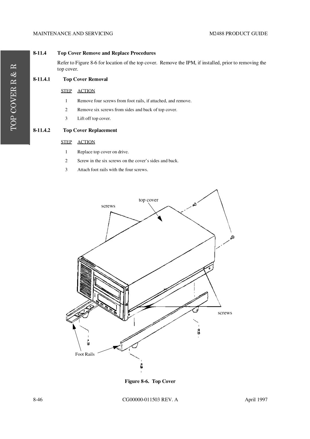 Fujitsu M2488 manual Top Cover Remove and Replace Procedures, Top Cover Removal, Top Cover Replacement 