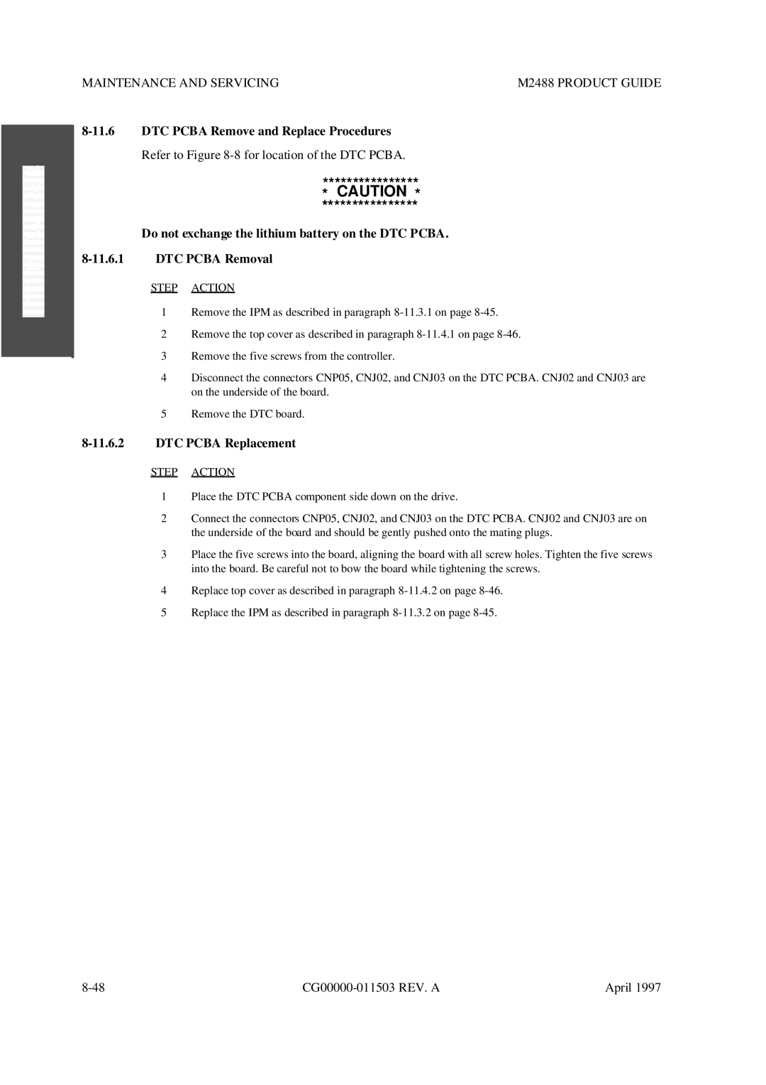 Fujitsu M2488 manual DTC Pcba Remove and Replace Procedures, DTC Pcba Replacement 