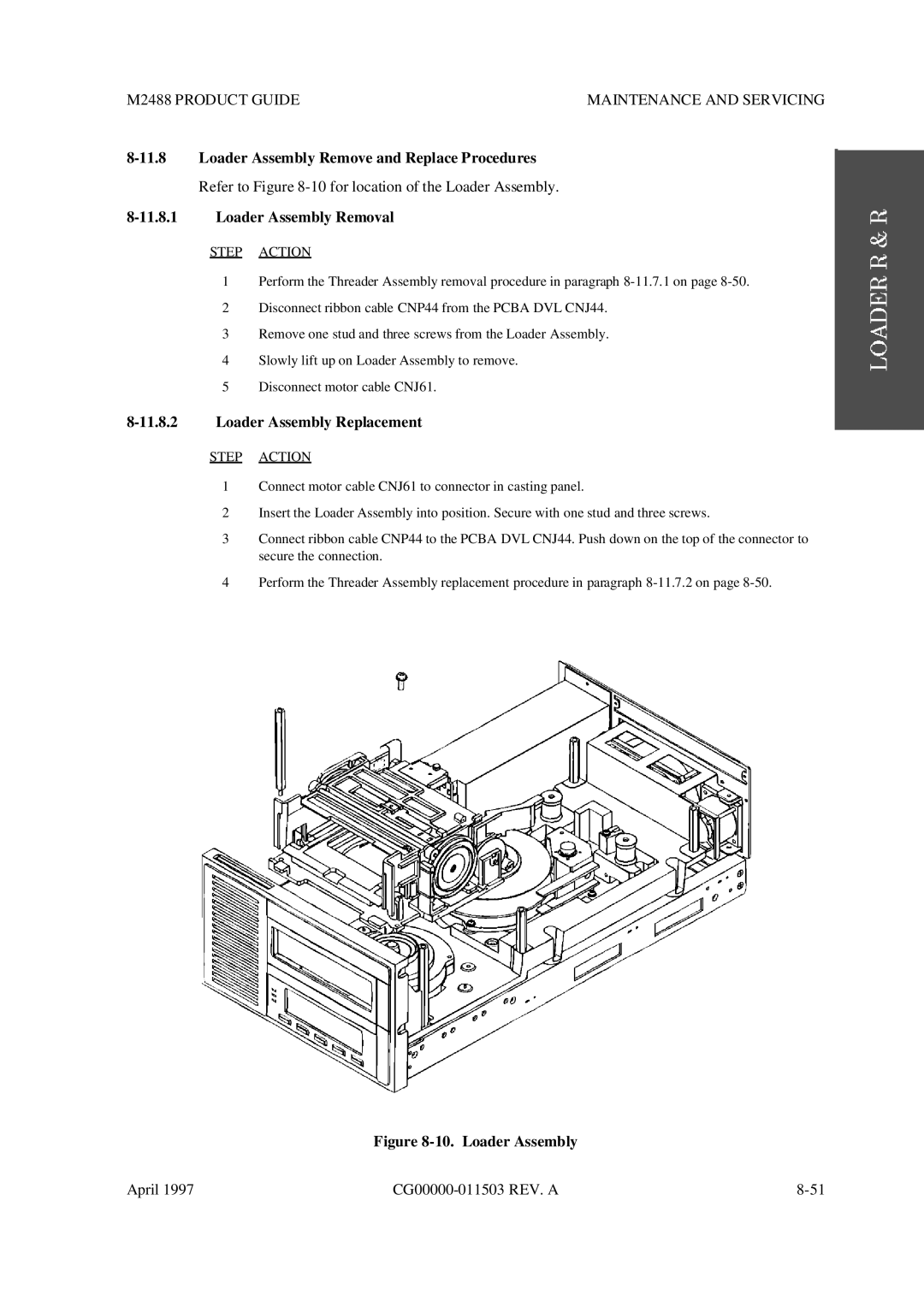 Fujitsu M2488 manual Loader Assembly Remove and Replace Procedures, Loader Assembly Removal, Loader Assembly Replacement 