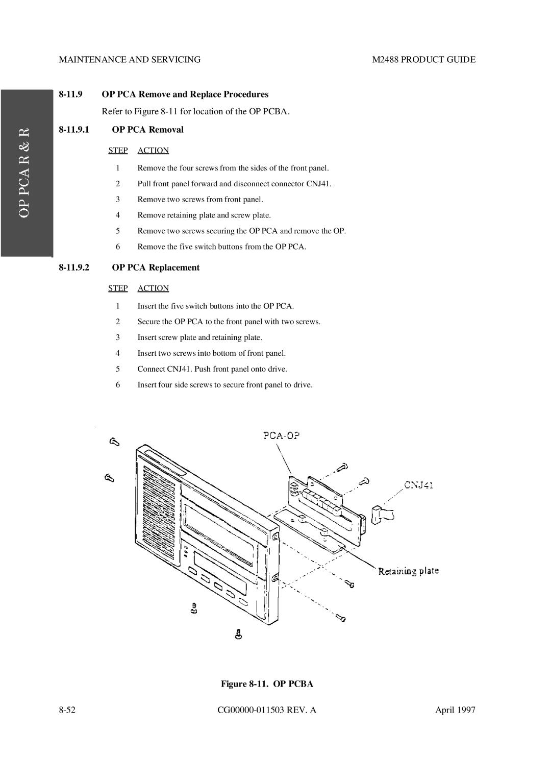 Fujitsu M2488 manual OP PCA Remove and Replace Procedures, OP PCA Removal, OP PCA Replacement 