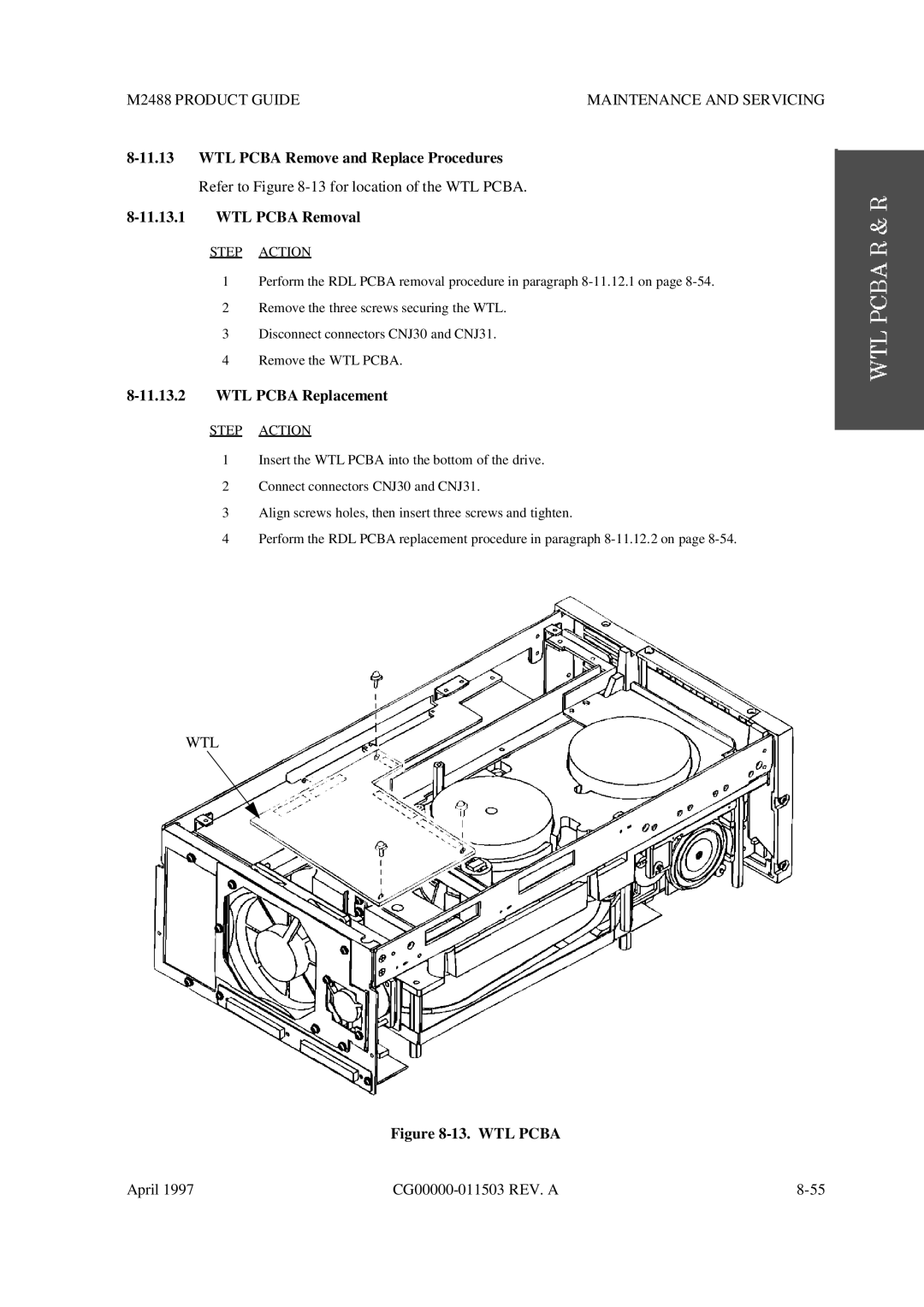 Fujitsu M2488 manual WTL Pcba Remove and Replace Procedures, WTL Pcba Removal, WTL Pcba Replacement, Wtl 