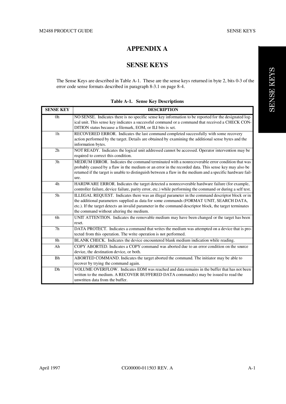 Fujitsu Appendix a Sense Keys, M2488 Product Guide Sense Keys, Table A-1. Sense Key Descriptions, Sense KEY Description 