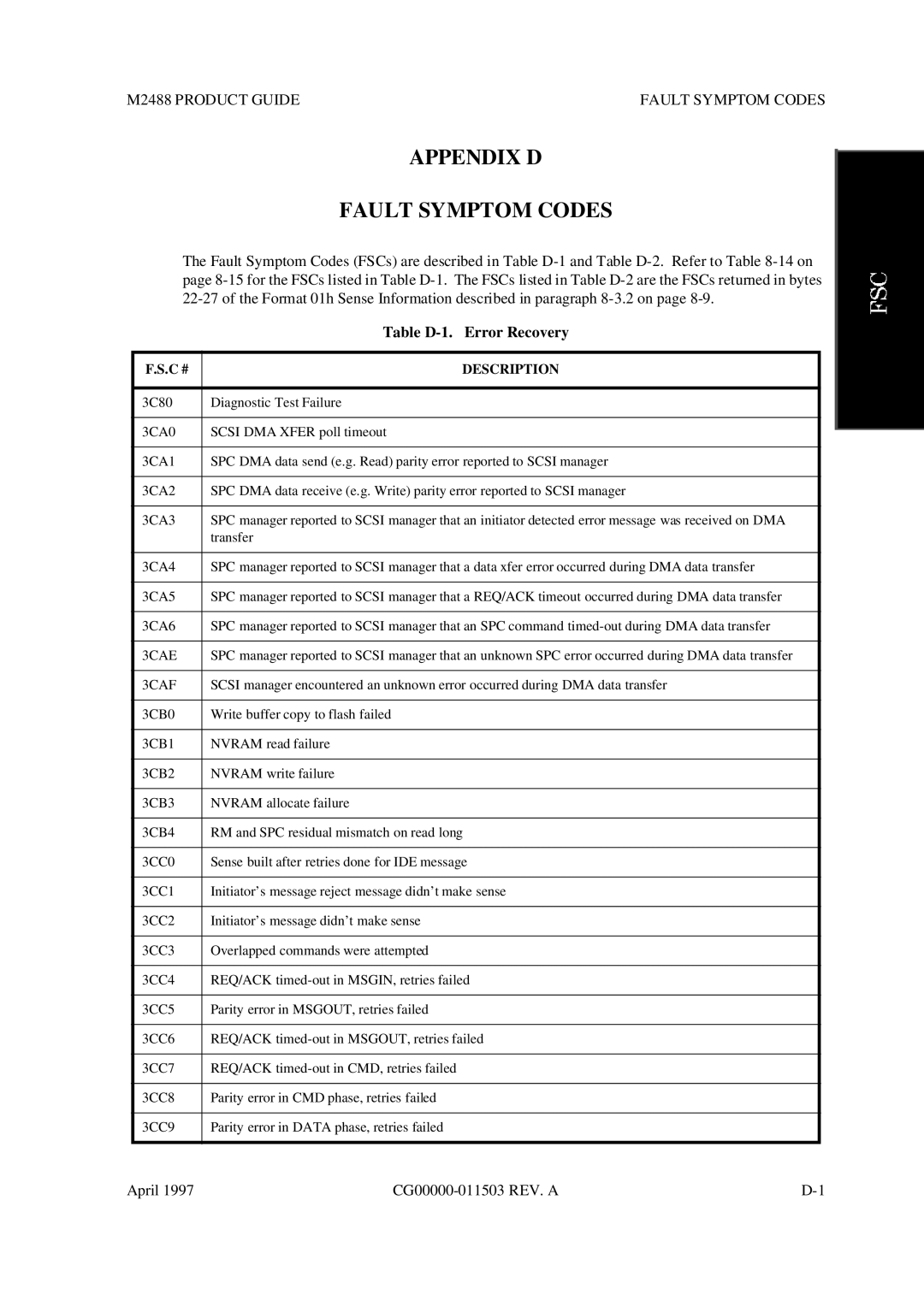 Fujitsu Appendix D Fault Symptom Codes, M2488 Product Guide Fault Symptom Codes, Table D-1. Error Recovery, 3CAE, 3CAF 