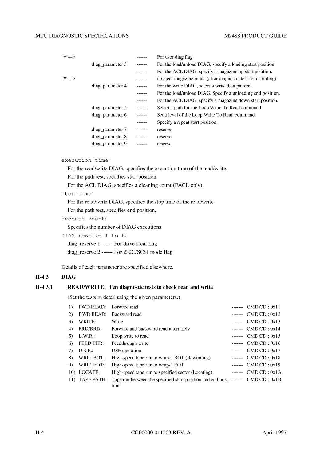 Fujitsu M2488 manual Diag READ/WRITE Ten diagnostic tests to check read and write, Tape Path 