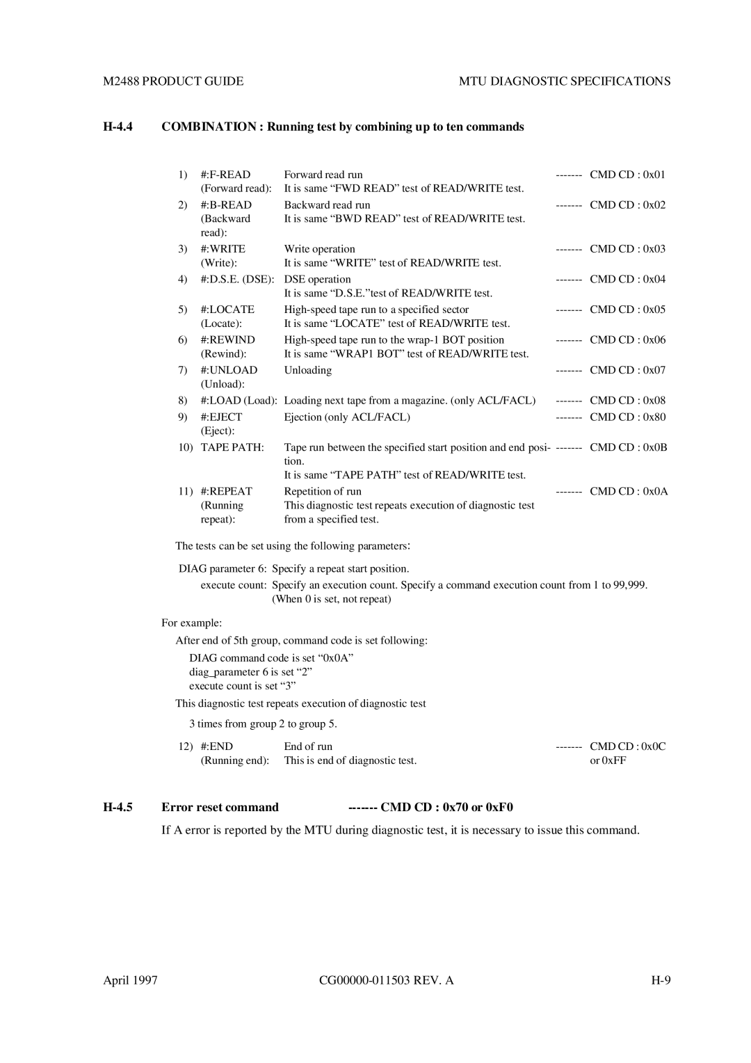 Fujitsu M2488 Combination Running test by combining up to ten commands, Error reset command------- CMD CD 0x70 or 0xF0 